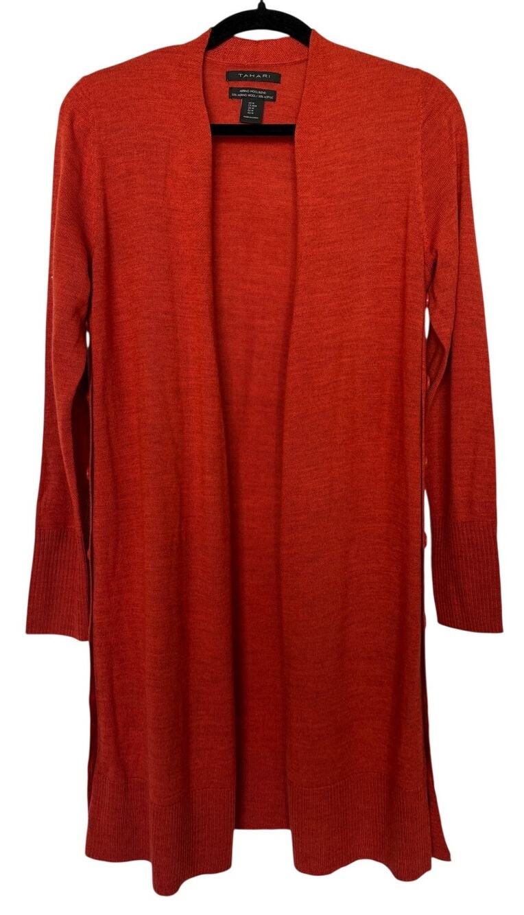Tahari Orange Merino Wool Blend Long Open Front Cardigan Button Side Slit M